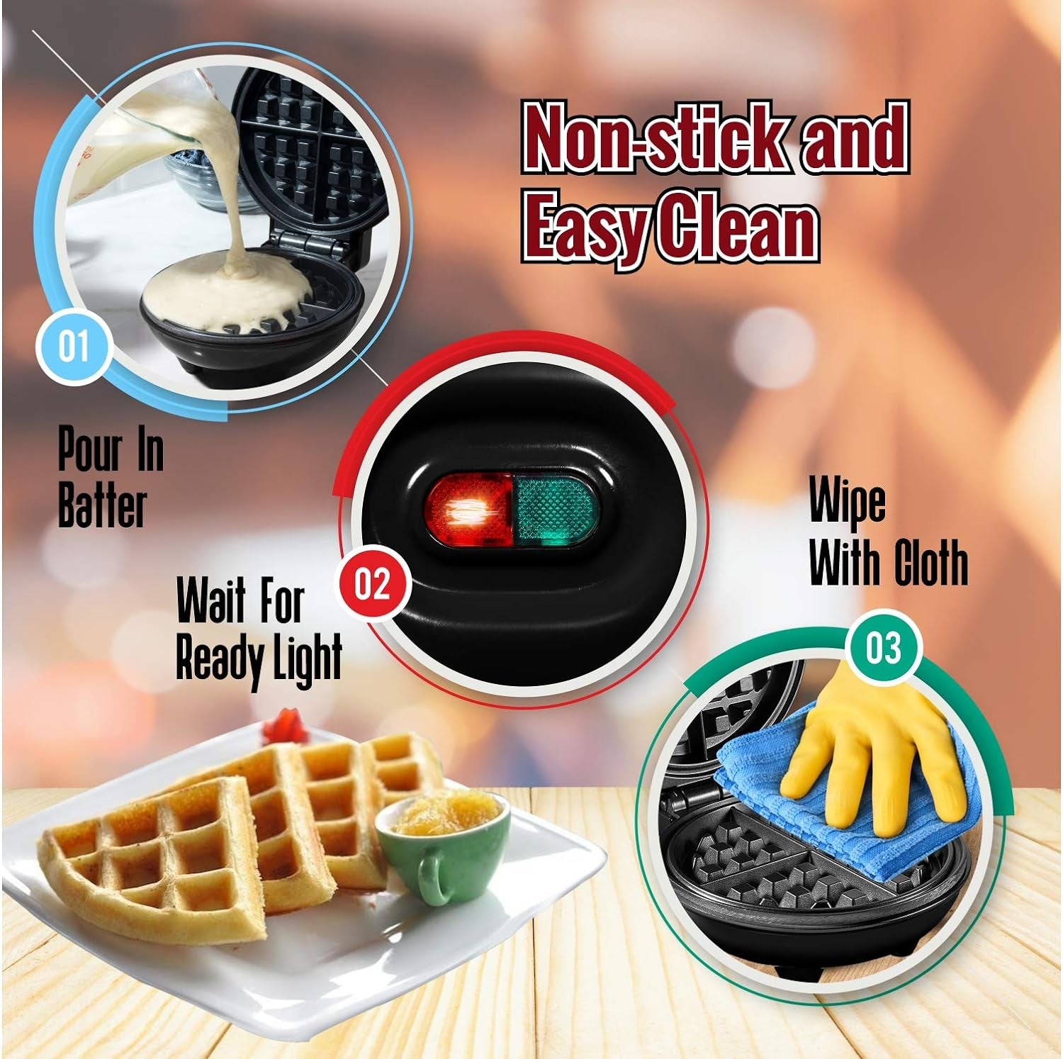 Burgess Brothers Mini Waffle Maker | Portable Electric Non-Stick Waffle Iron | Belgian Waffle Maker Makes 4 Inch Waffles | Includes Bamboo Sporks