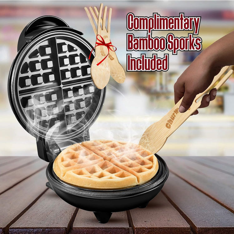 Burgess Brothers Mini Waffle Maker | Portable Electric Non-Stick Waffle Iron | Belgian Waffle Maker Makes 4 Inch Waffles | Includes Bamboo Sporks